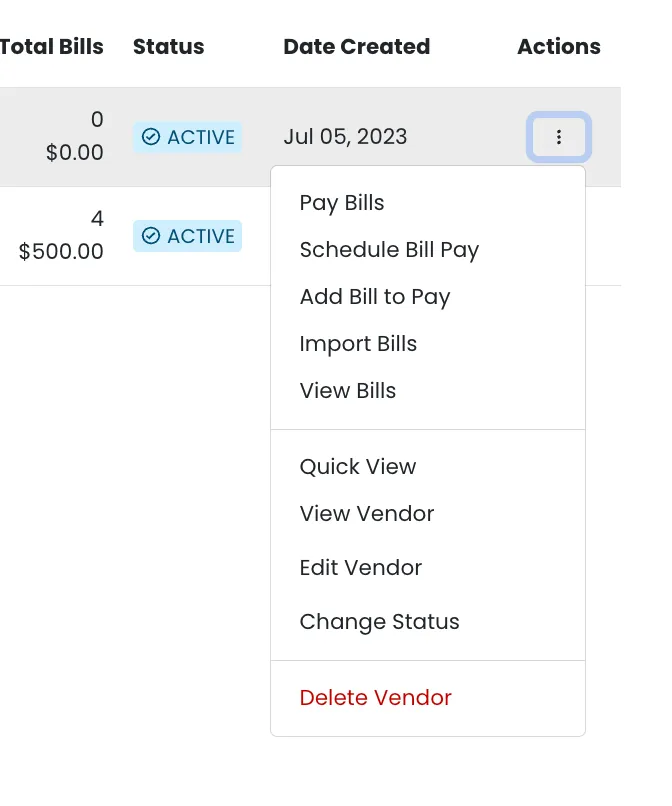 an image of the vendor screen action menu